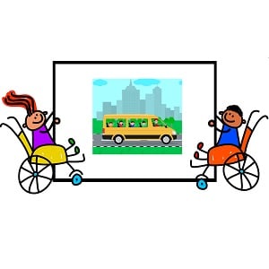 Rysunek wskazujący dzieci na wózkach inwalidzkich jadących busem